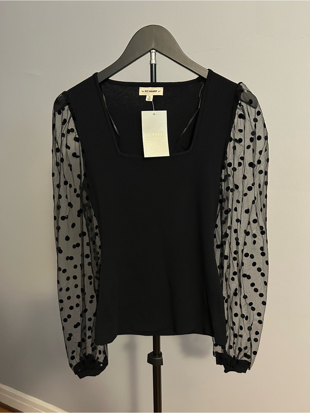 NWT eesome Black Square Neck Top with Sheer Polka Dot Sleeves